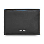 Black pebbled genuine leather bi-fold wallet with blue edges and a silver-toned Police logo emblem.