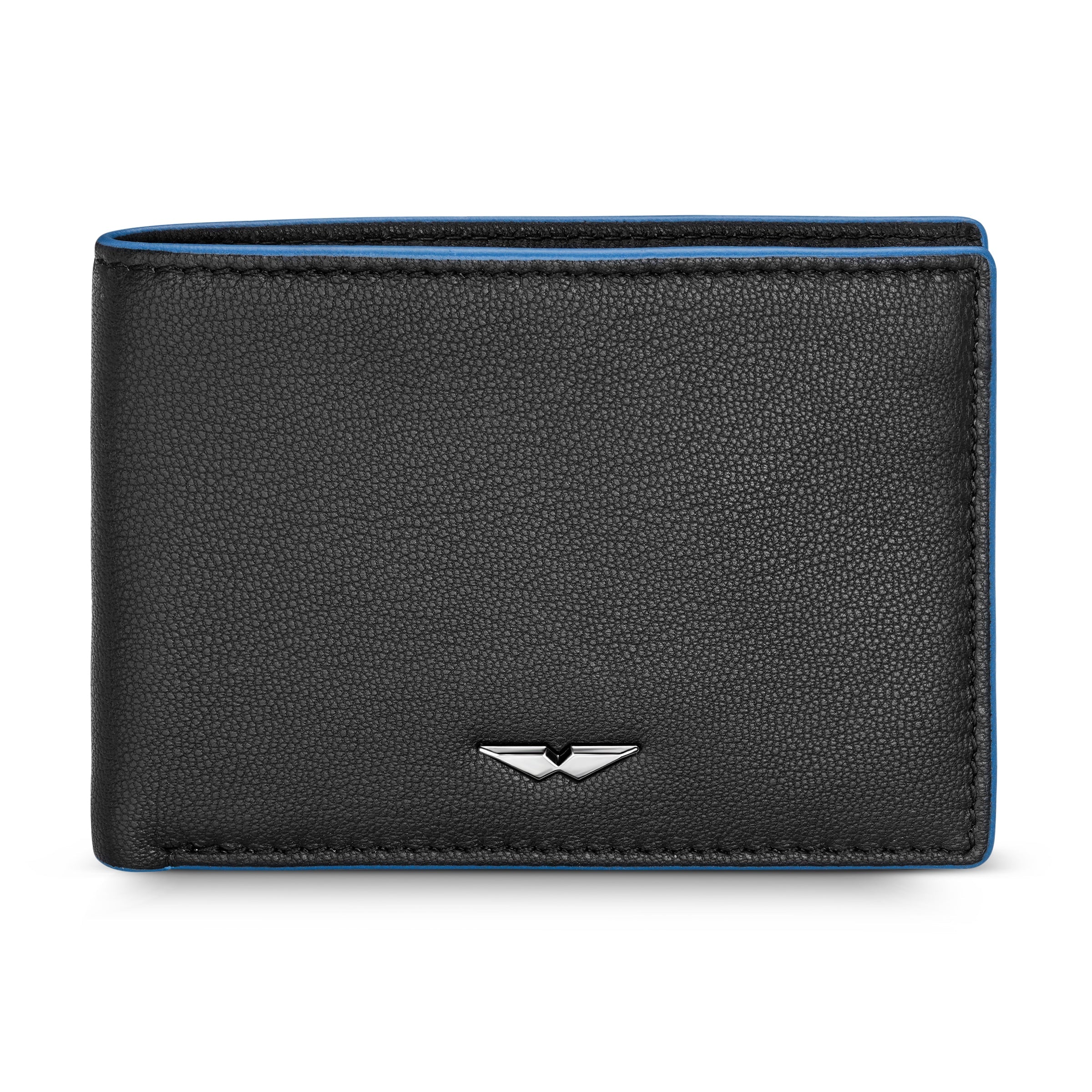 Black pebbled genuine leather bi-fold wallet with blue edges and a silver-toned Police logo emblem.