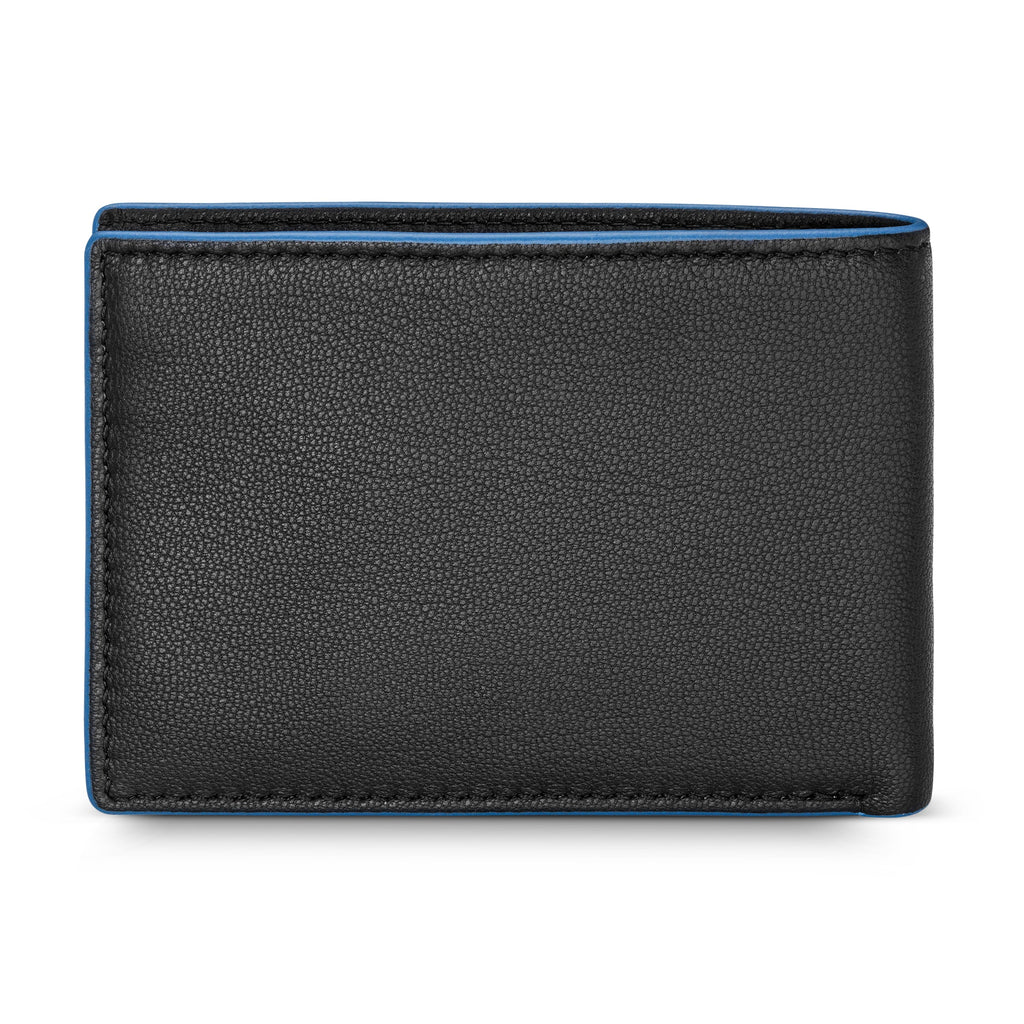 Black pebbled genuine leather bifold wallet with bright blue trim and visible stitching along the top edge.