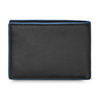 Black pebbled genuine leather bifold wallet with bright blue trim and visible stitching along the top edge.