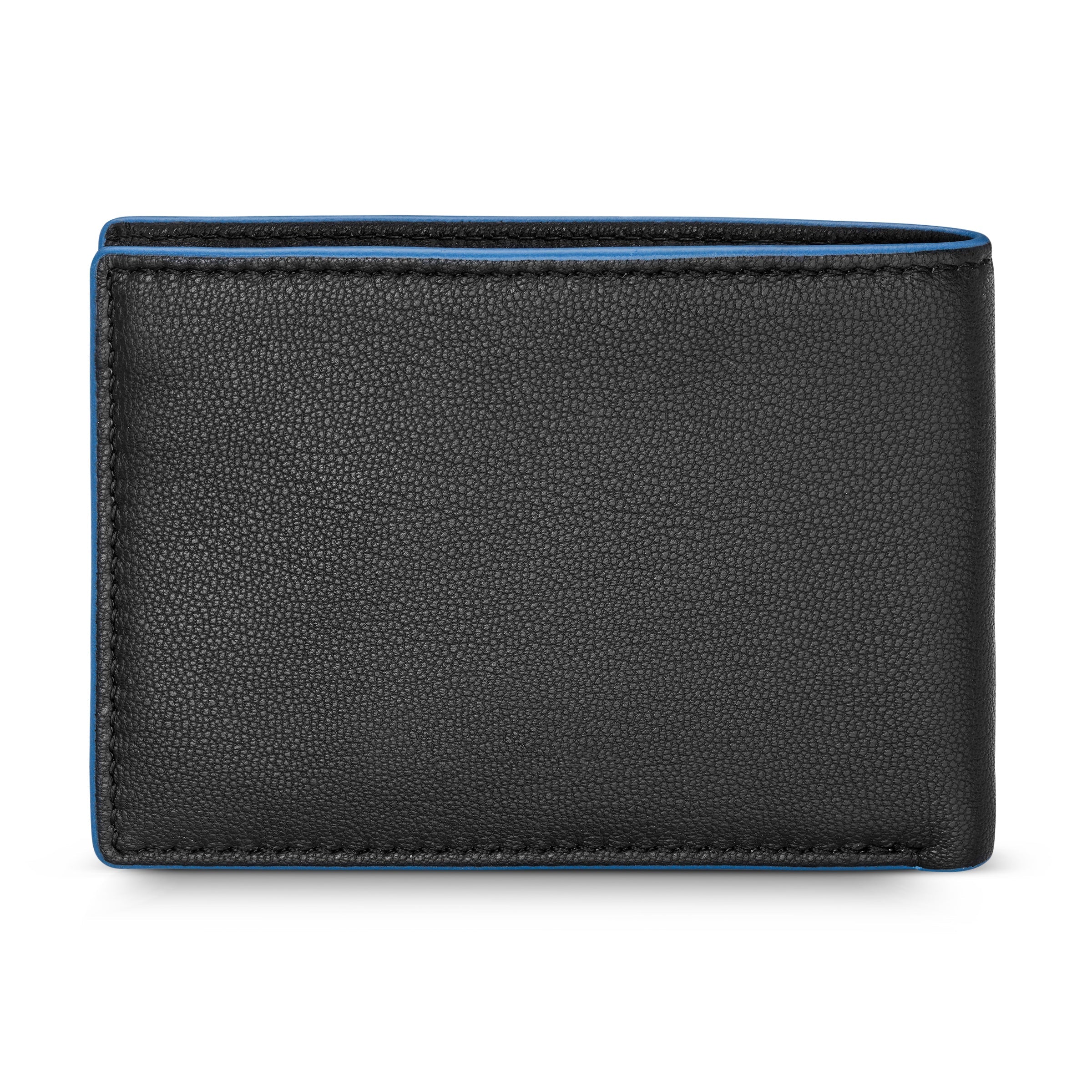 Black pebbled genuine leather bifold wallet with bright blue trim and visible stitching along the top edge.