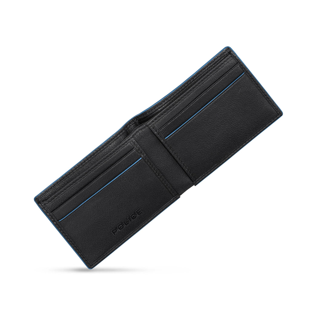 Black genuine leather bi-fold wallet with blue trim and accents, featuring multiple card slots and embossed 'POLICE' logo.
