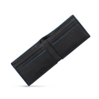 Black genuine leather bi-fold wallet with blue trim and accents, featuring multiple card slots and embossed 'POLICE' logo.