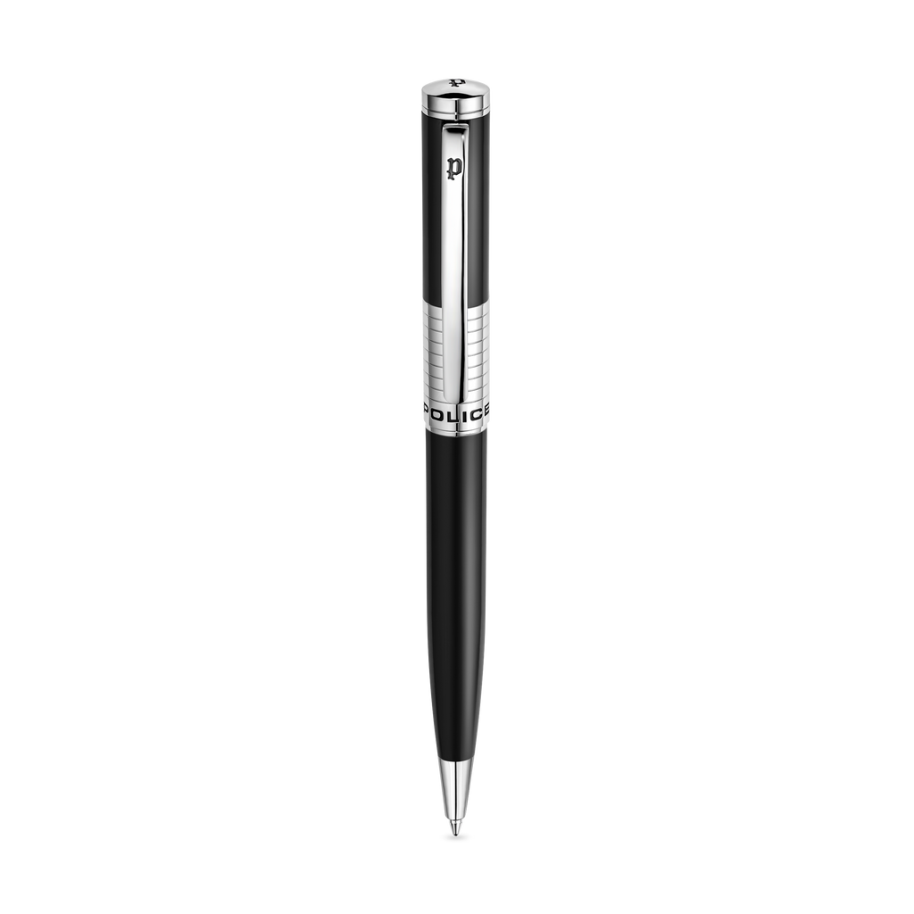 Police Meiryo Black Stainless Steel Textured Pen with Silver Trims, Blue Ink
