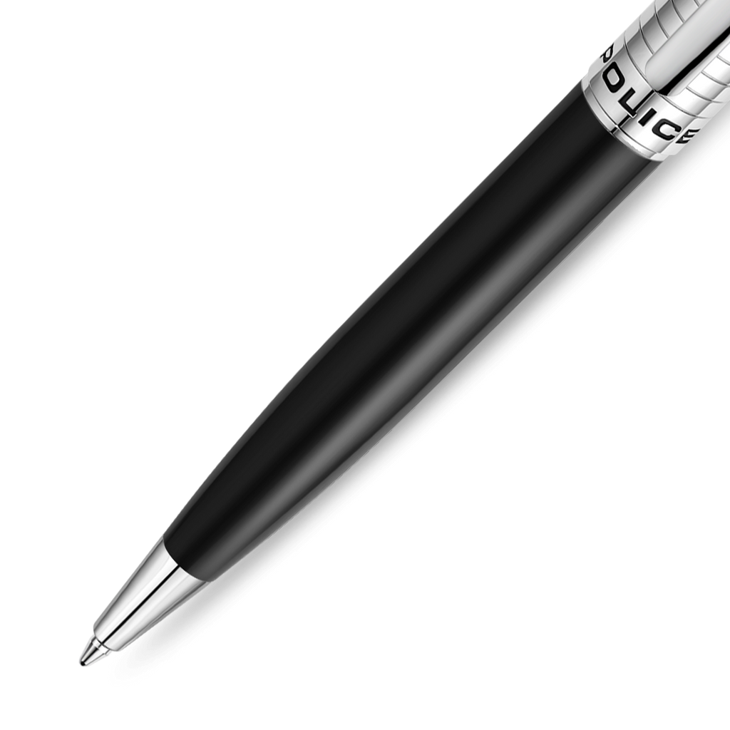 Police Meiryo Black Stainless Steel Textured Pen with Silver Trims, Blue Ink