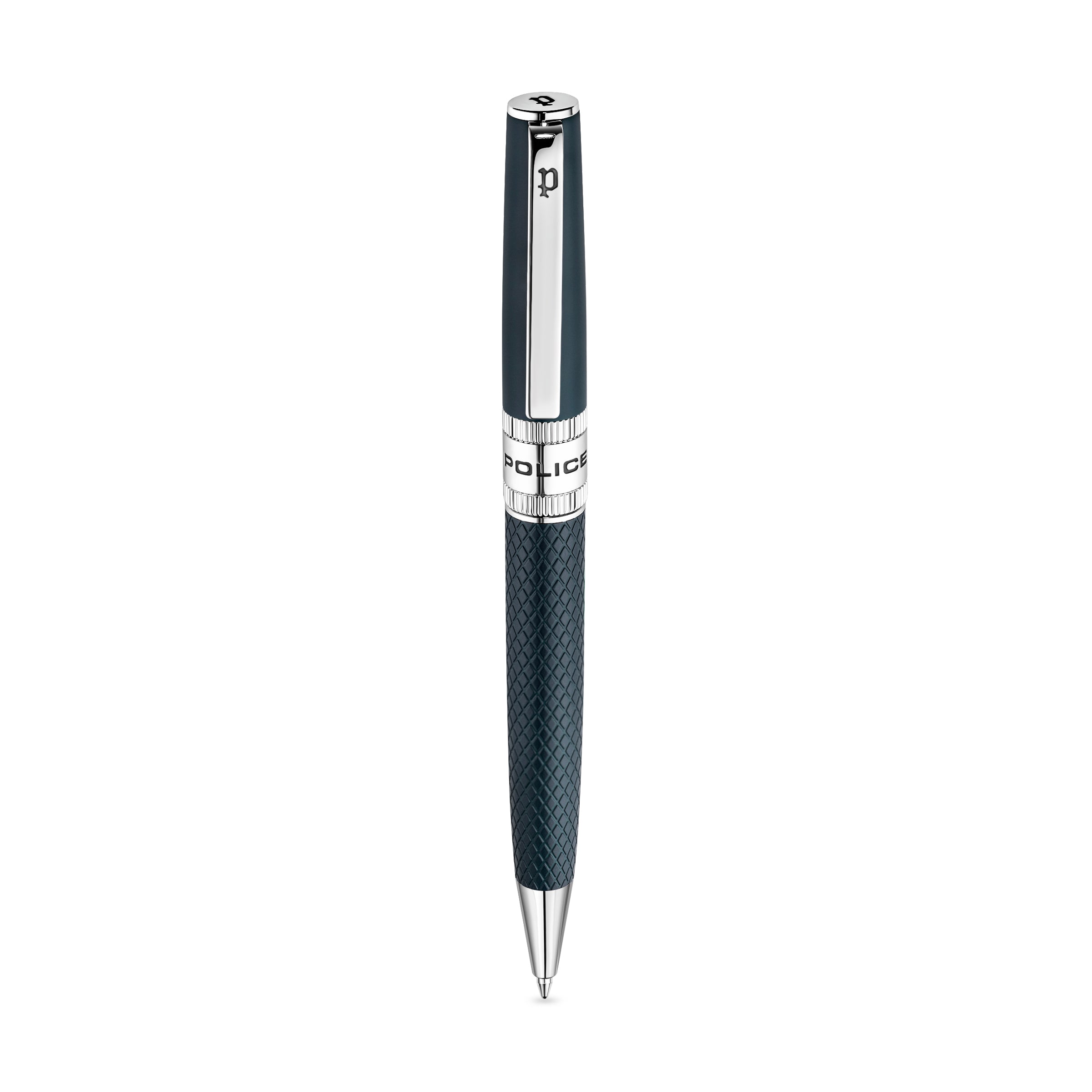 Police Serif 2 Blue Embossed Stainless Steel Pen with Silver Trim, Blue Ink