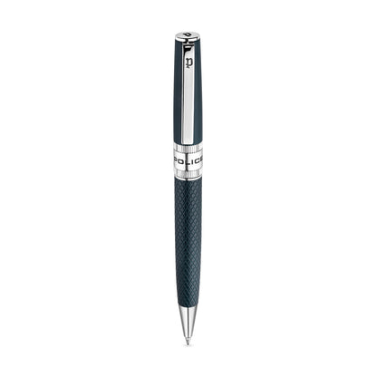 Police Serif 2 Blue Embossed Stainless Steel Pen with Silver Trim, Blue Ink