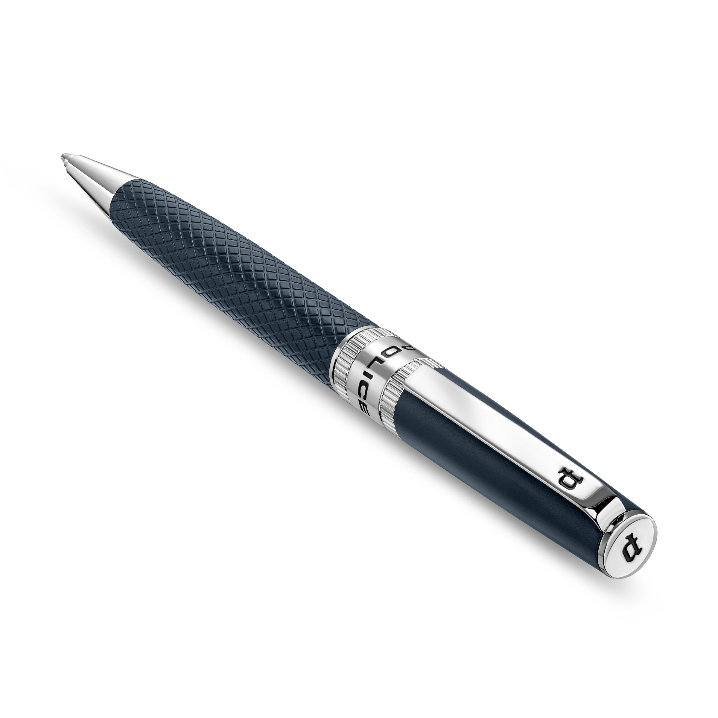 Police Serif 2 Blue Embossed Stainless Steel Pen with Silver Trim, Blue Ink