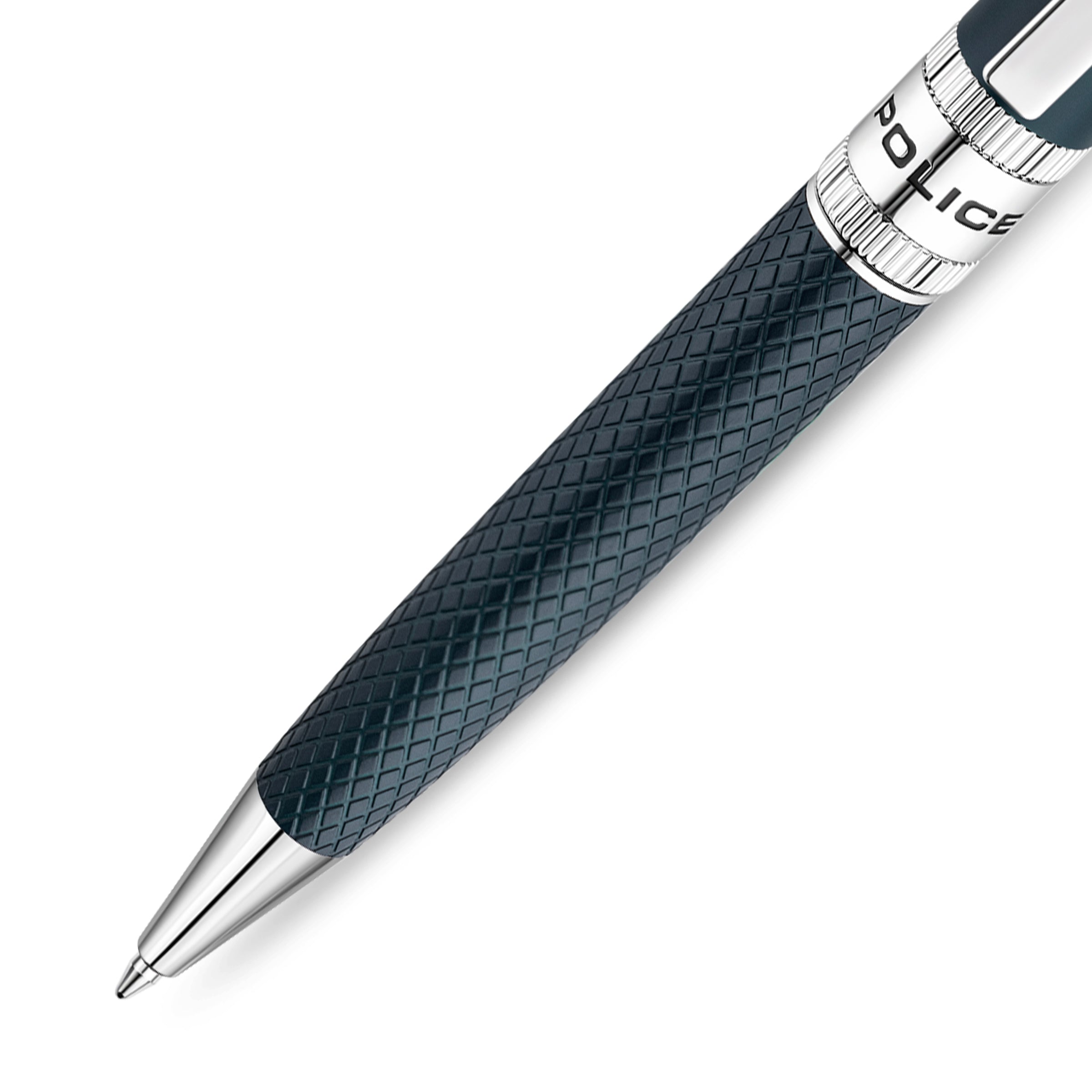 Police Serif 2 Blue Embossed Stainless Steel Pen with Silver Trim, Blue Ink