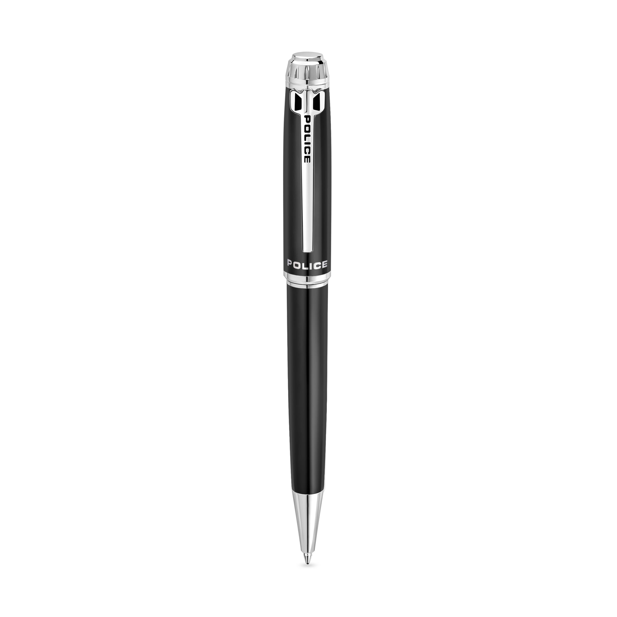 Police Aptos Black Stainless Steel Twisted Closure Pen with Silver Trims, Blue Ink