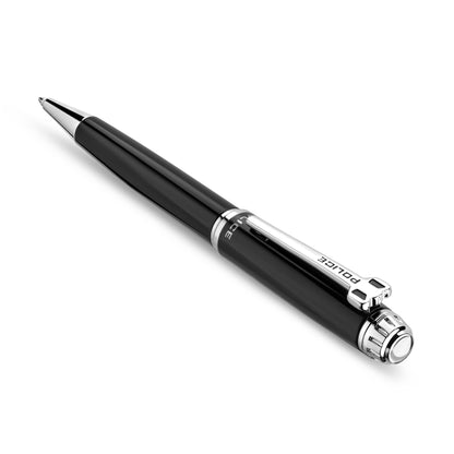 Police Aptos Black Stainless Steel Twisted Closure Pen with Silver Trims, Blue Ink