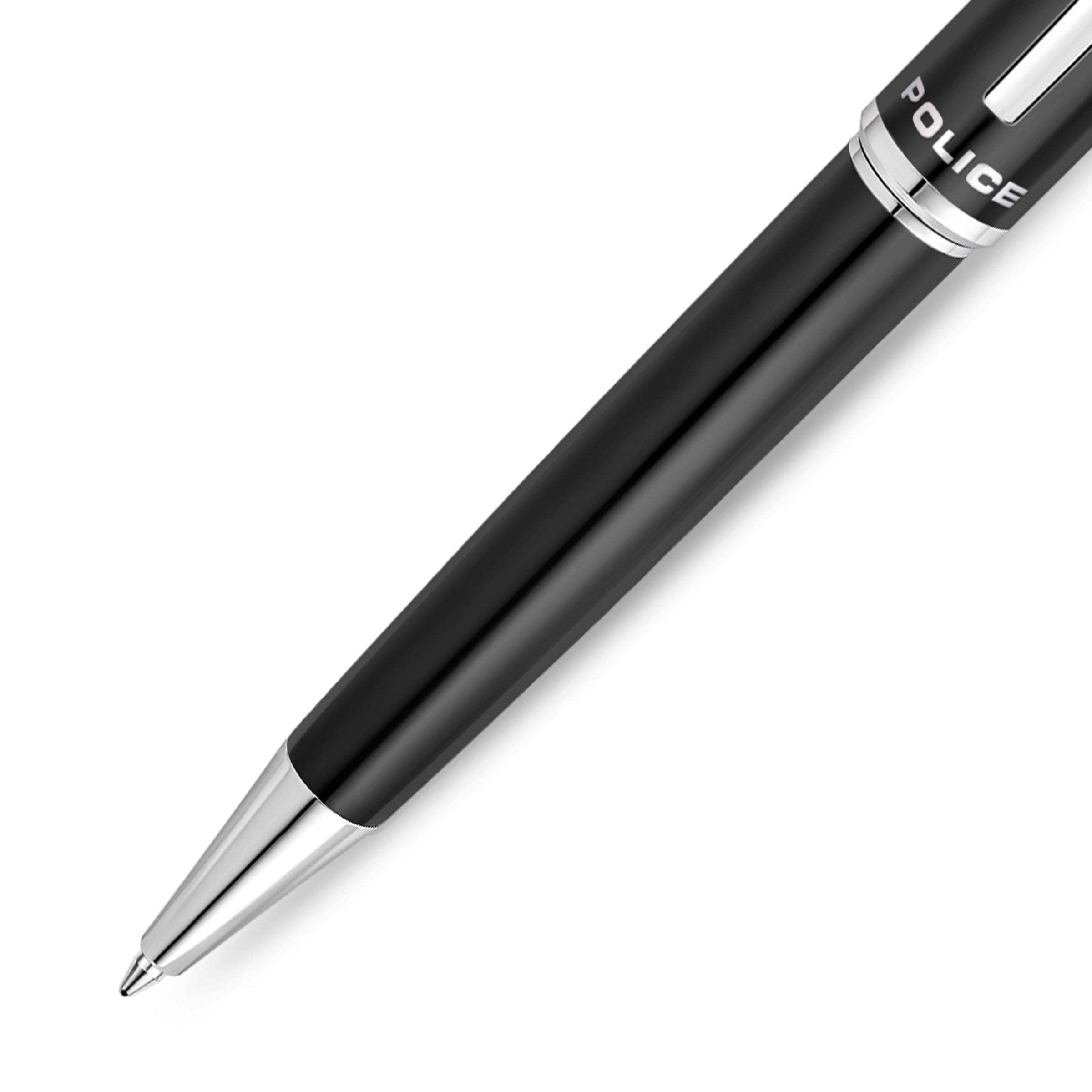 Police Aptos Black Stainless Steel Twisted Closure Pen with Silver Trims, Blue Ink