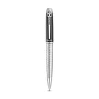 Police black enamel and silver-toned faceted texture ballpoint pen with brand logo on clip and mid-section.