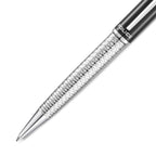 Silver-toned pen with faceted texture. Black enamel upper barrel has 'POLICE' text and a silver-toned clip. Smooth silver-ton