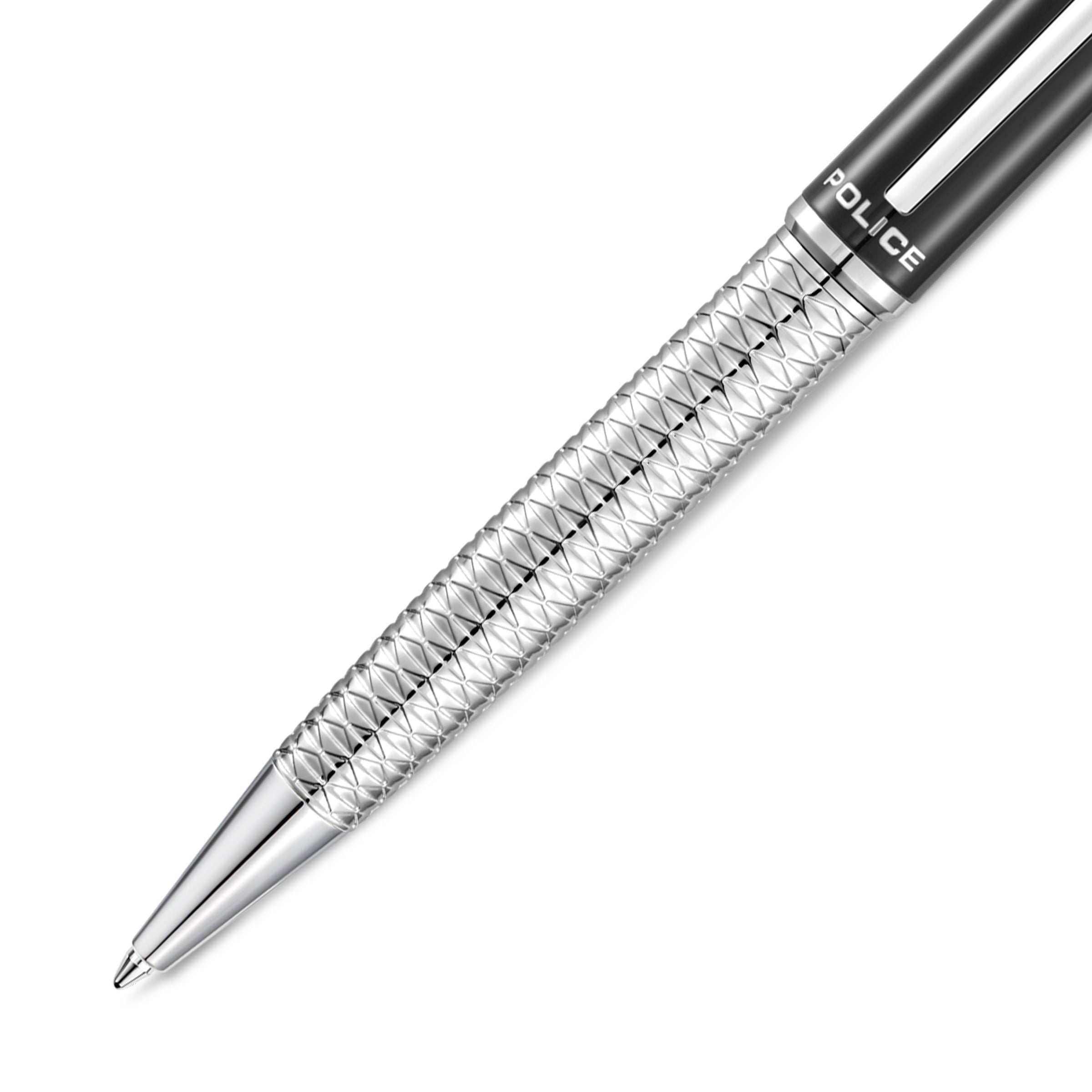 Silver-toned pen with faceted texture. Black enamel upper barrel has 'POLICE' text and a silver-toned clip. Smooth silver-ton