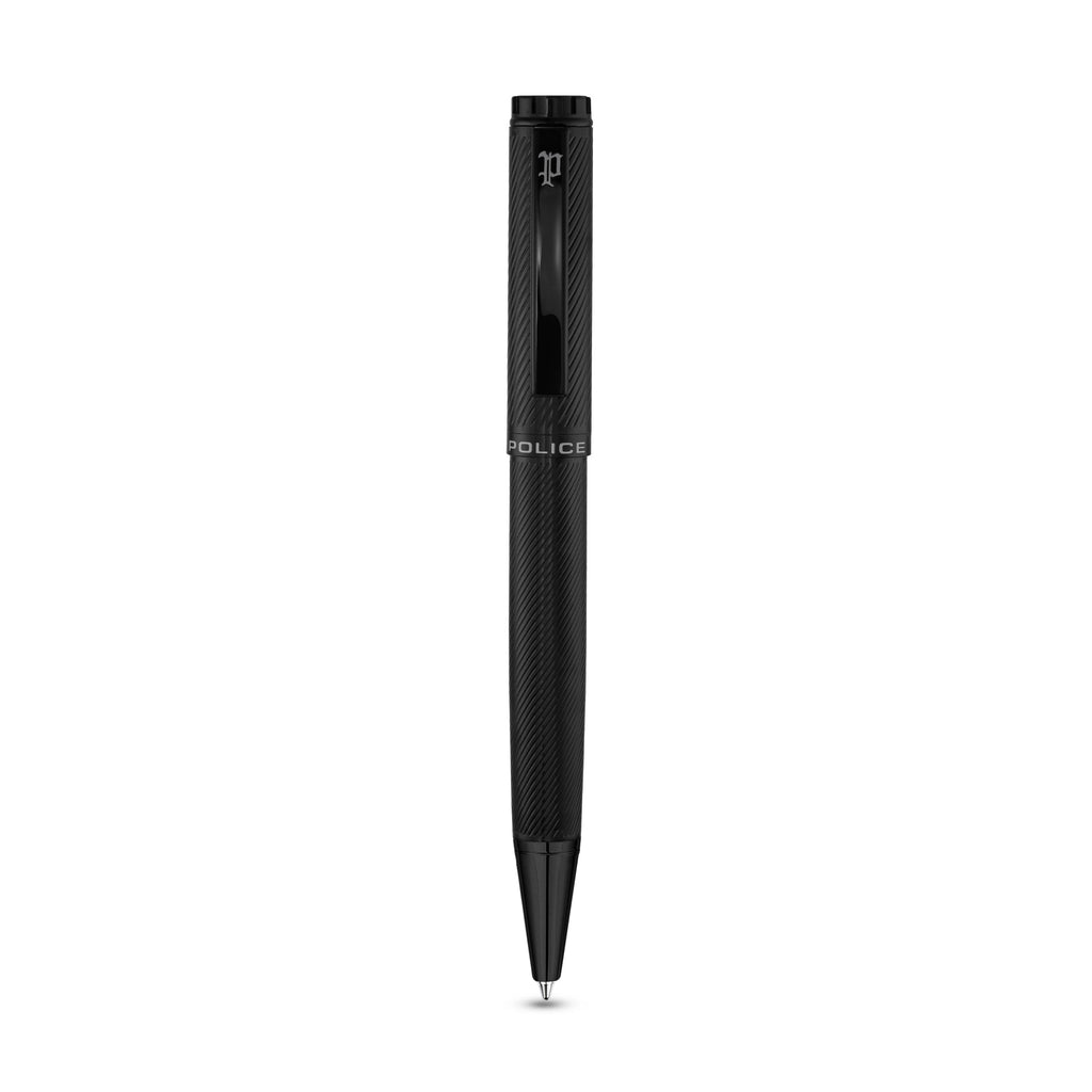 Black textured Police pen with a clip featuring the brand's stylized 'P' logo and 'POLICE' inscription.