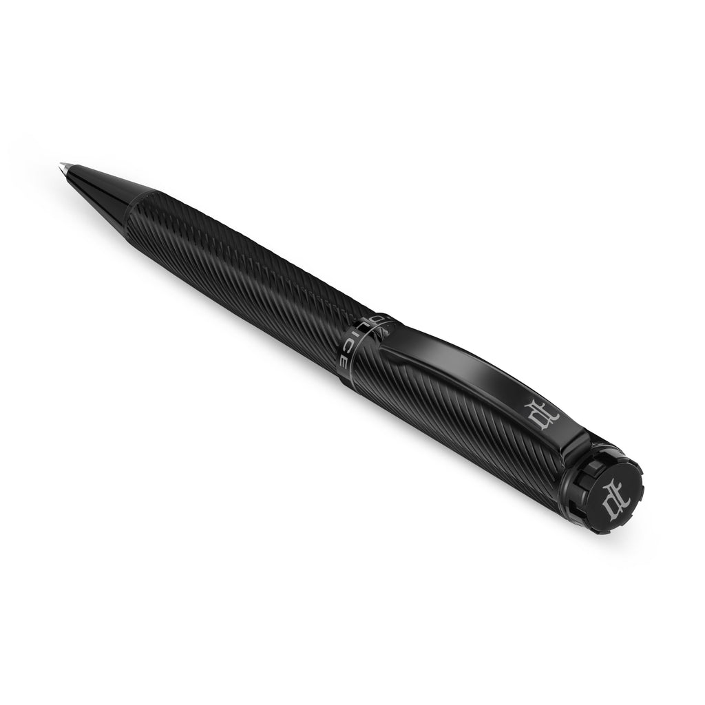Black pen with diagonal line texture, silver-toned tip. Black clip and end cap feature a silver-toned logo. 'POLICE' text.