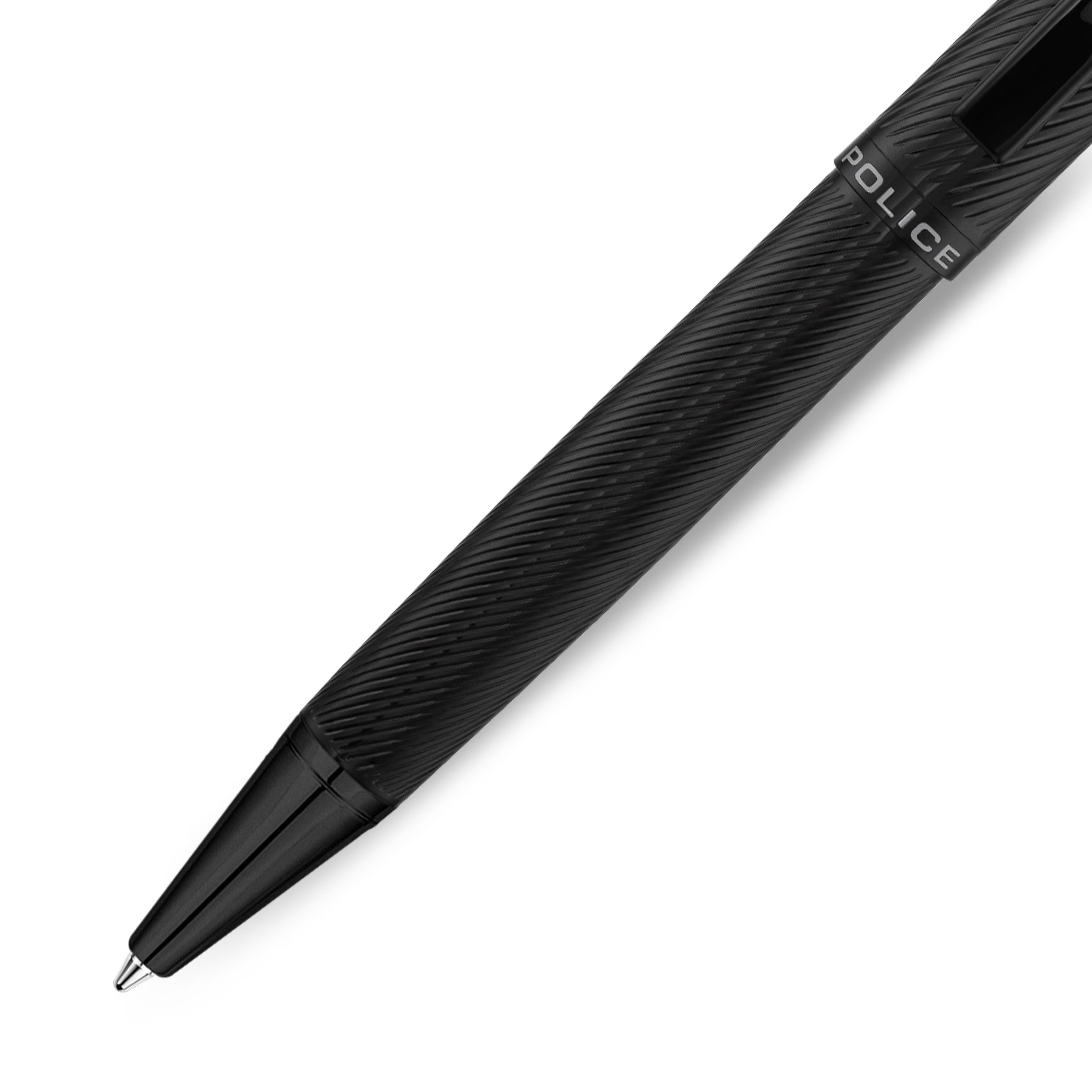 All-black pen with a textured, diagonally ribbed barrel. Features a silver-toned tip and 'POLICE' text on a band.