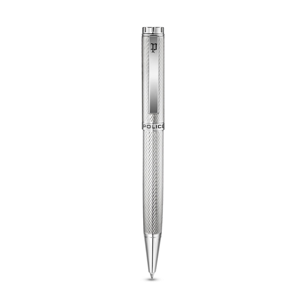 Silver-toned Police pen with a diagonal textured barrel, smooth cap, and a clip featuring the 'P' logo.