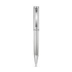 Silver-toned Police pen with a diagonal textured barrel, smooth cap, and a clip featuring the 'P' logo.