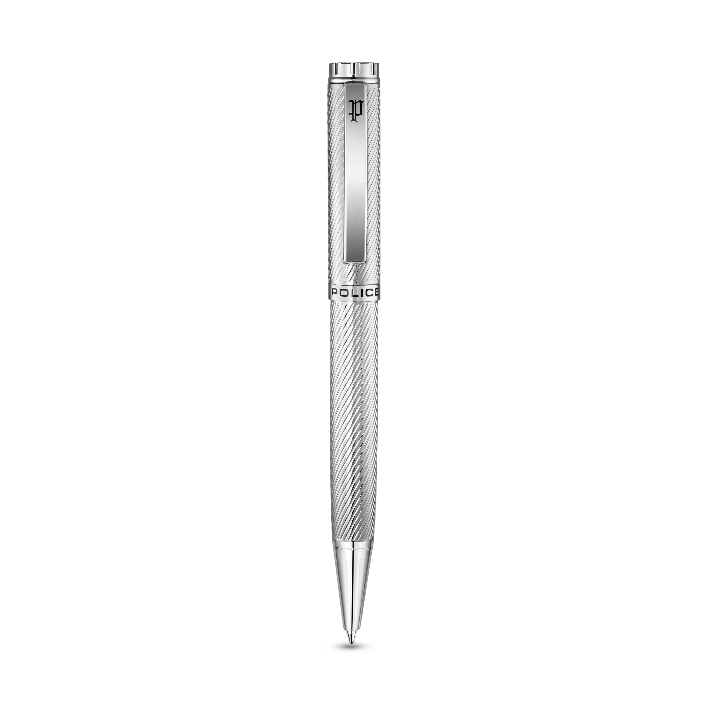 Silver-toned Police pen with a diagonal textured barrel, smooth cap, and a clip featuring the 'P' logo.