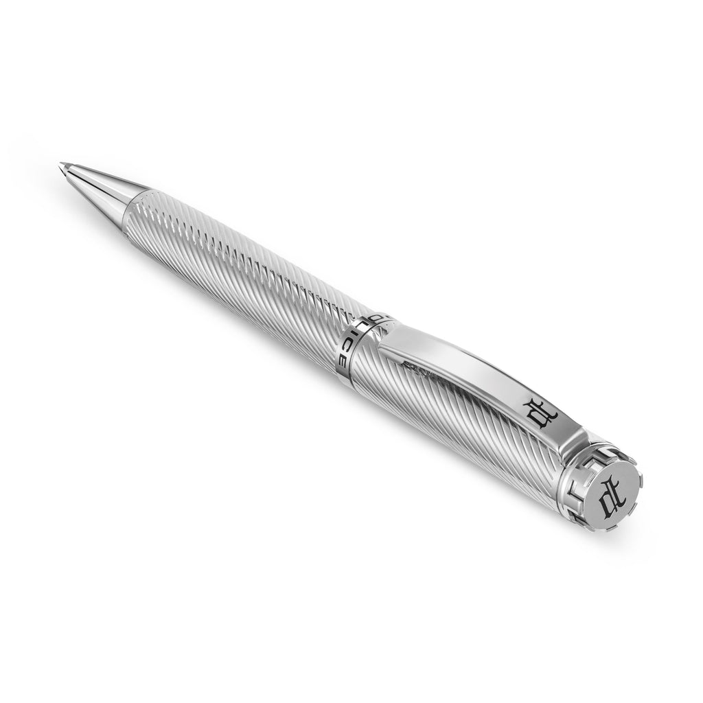 Silver-toned stainless steel pen with a textured wavy line pattern. Black 'POLICE' logo on band, black logo on clip and end c