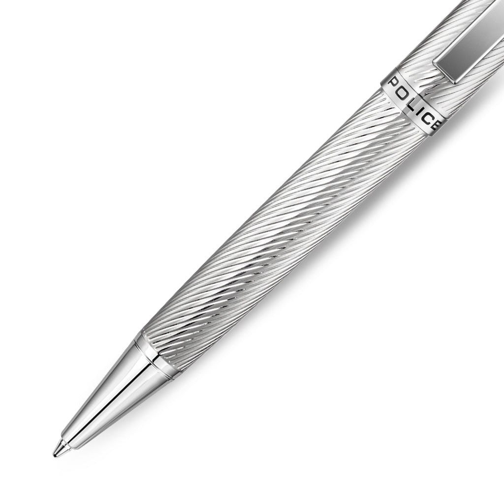 Silver-toned stainless steel pen with a textured, wavy barrel. Features a polished silver-toned clip and tip, and 'POLICE' in