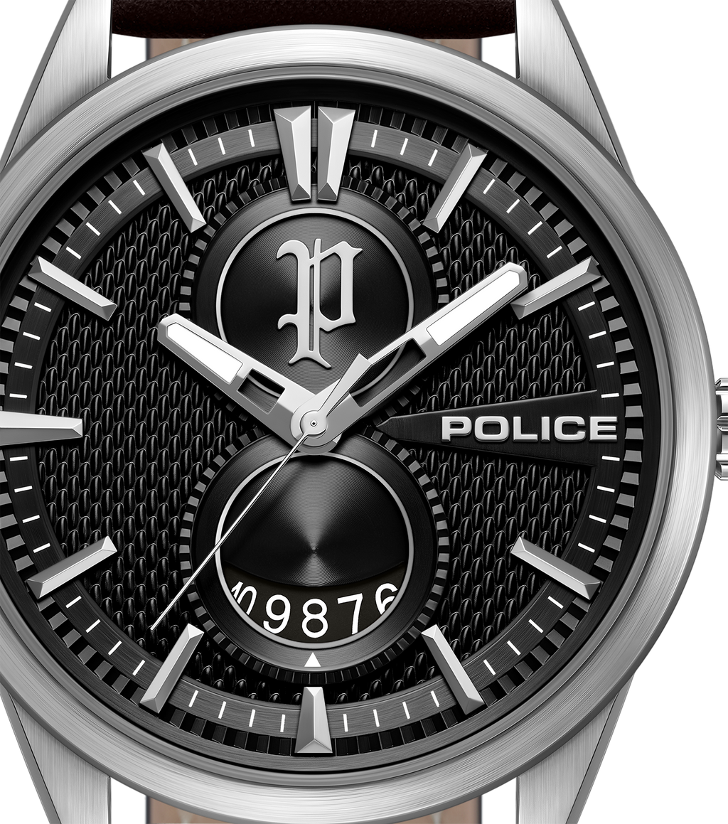 Police Stainless Steel Watch Black Dial Black Leather Strap