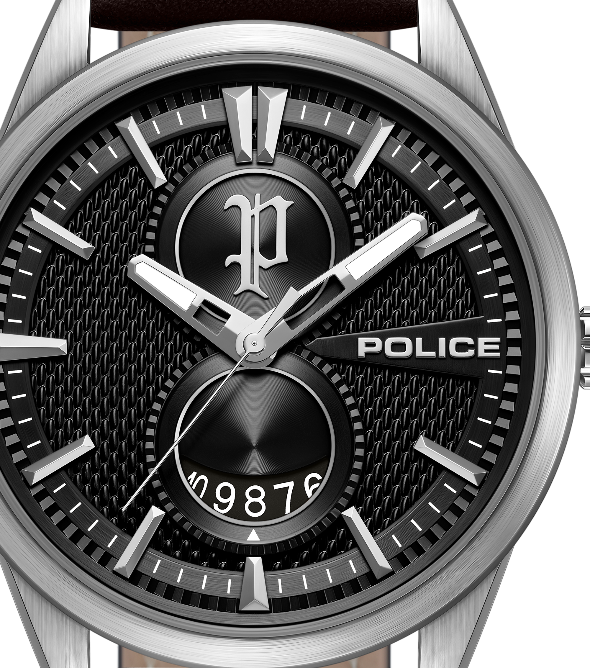 Police Stainless Steel Watch Black Dial Black Leather Strap