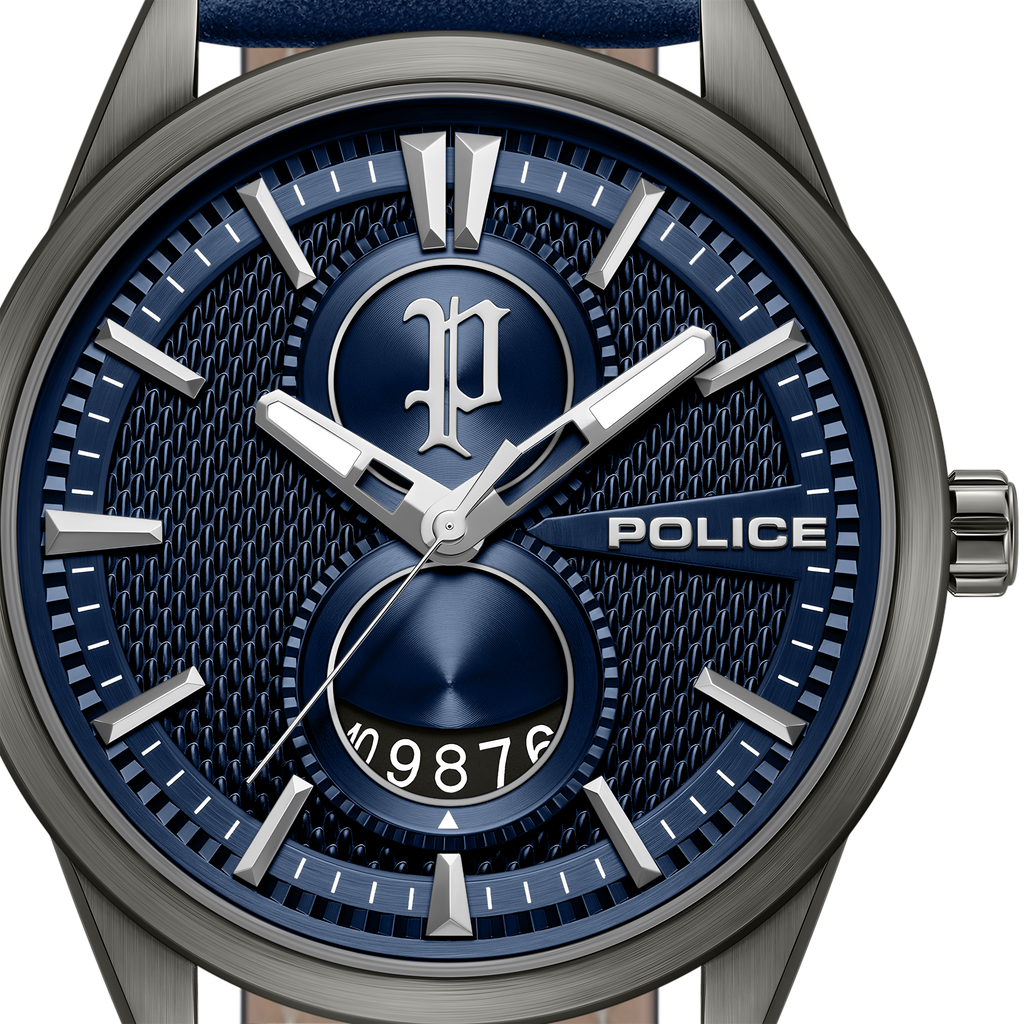 Police Blue Dial Stainless Steel Watch Blue Leather Strap