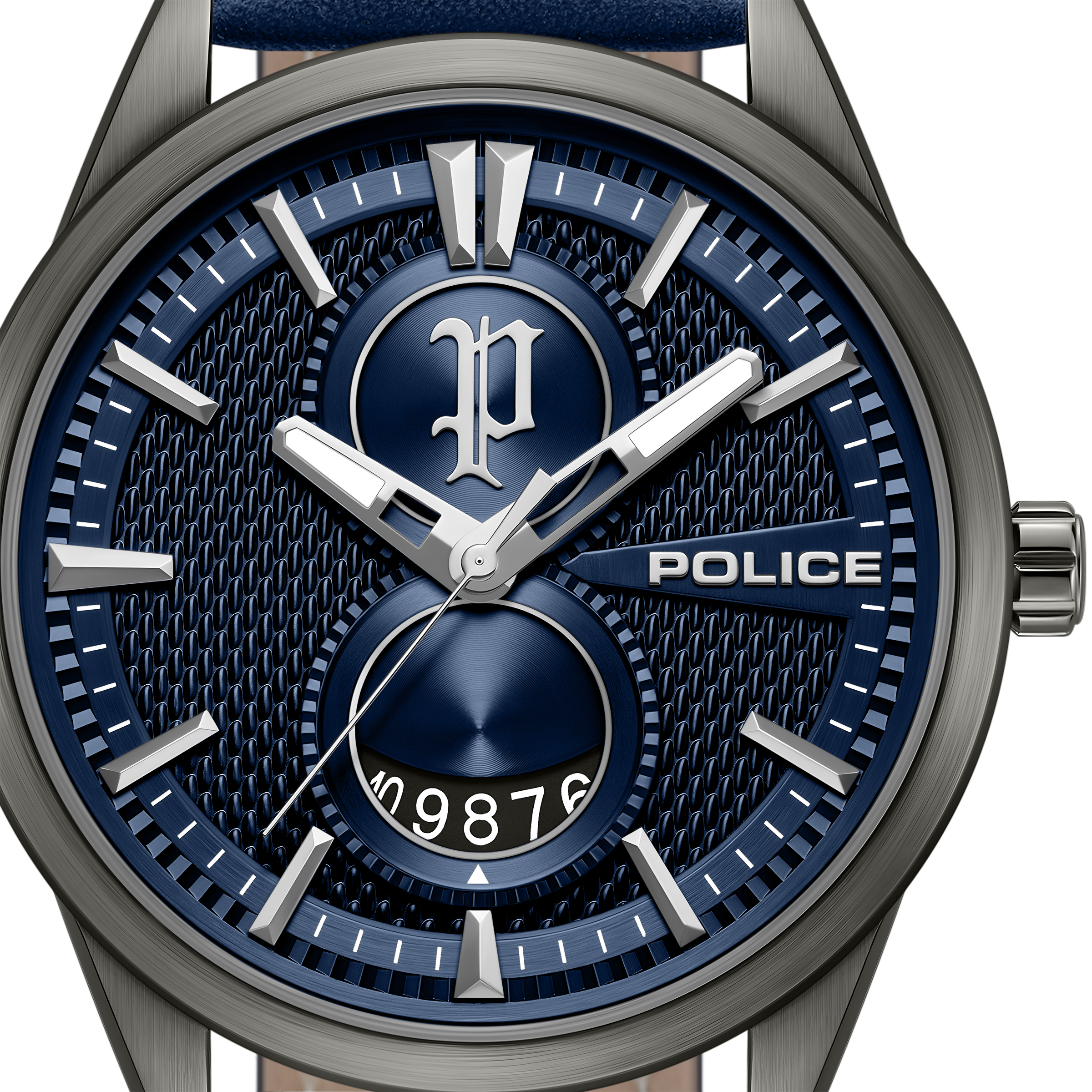 Police Blue Dial Stainless Steel Watch Blue Leather Strap