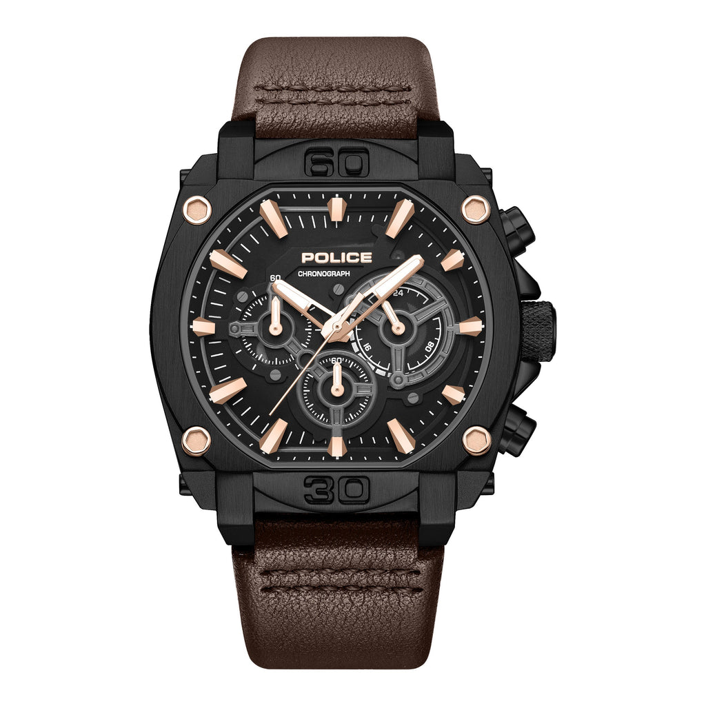 Black case chronograph watch with a black dial, rose gold-toned accents, and a brown leather strap.