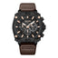Black case chronograph watch with a black dial, rose gold-toned accents, and a brown leather strap.