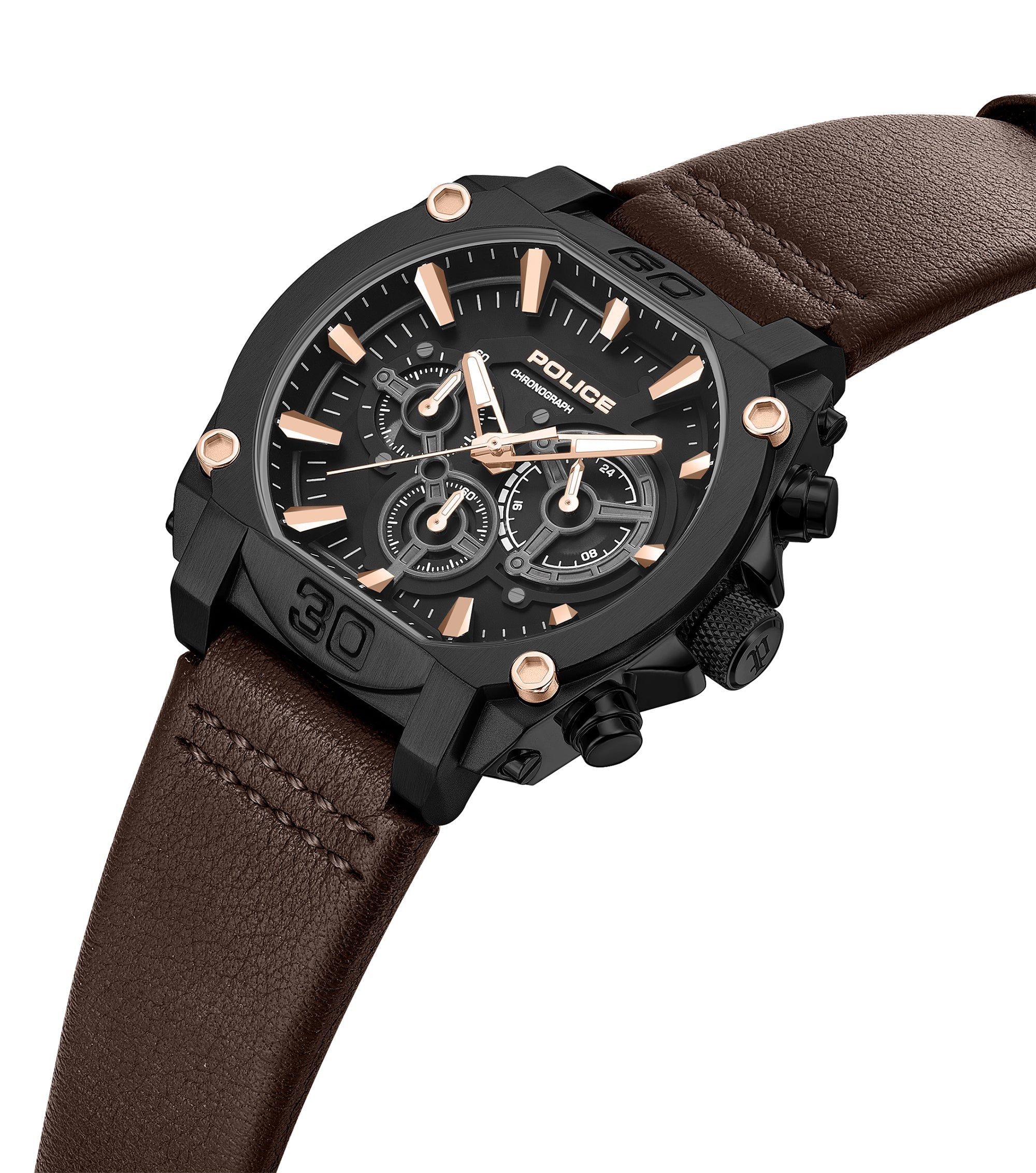 Black angular watch with gold-toned case accents, a black chronograph dial, gold-toned markers/hands, and a brown leather str