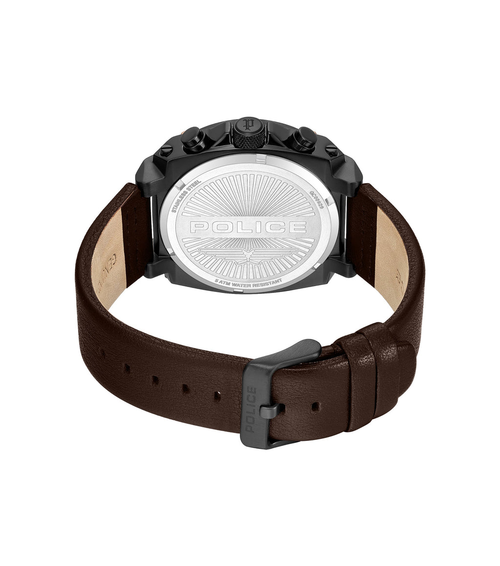 Black-cased watch with a silver-toned stainless steel back and a brown leather strap with a black-toned buckle.