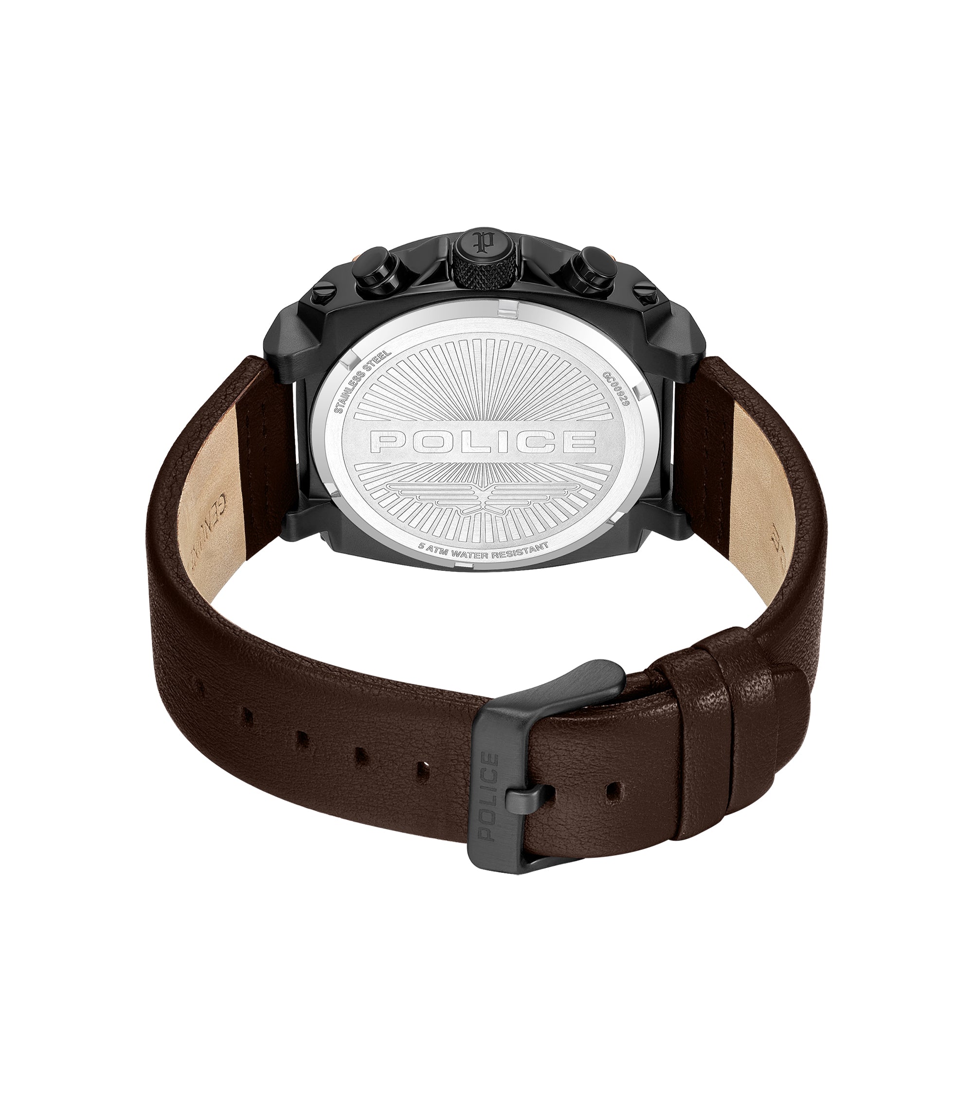 Black-cased watch with a silver-toned stainless steel back and a brown leather strap with a black-toned buckle.