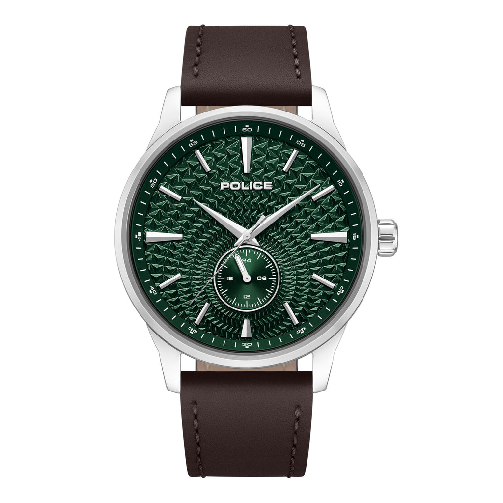 Police men's watch with a silver-toned stainless steel case, green textured dial, and brown leather strap.