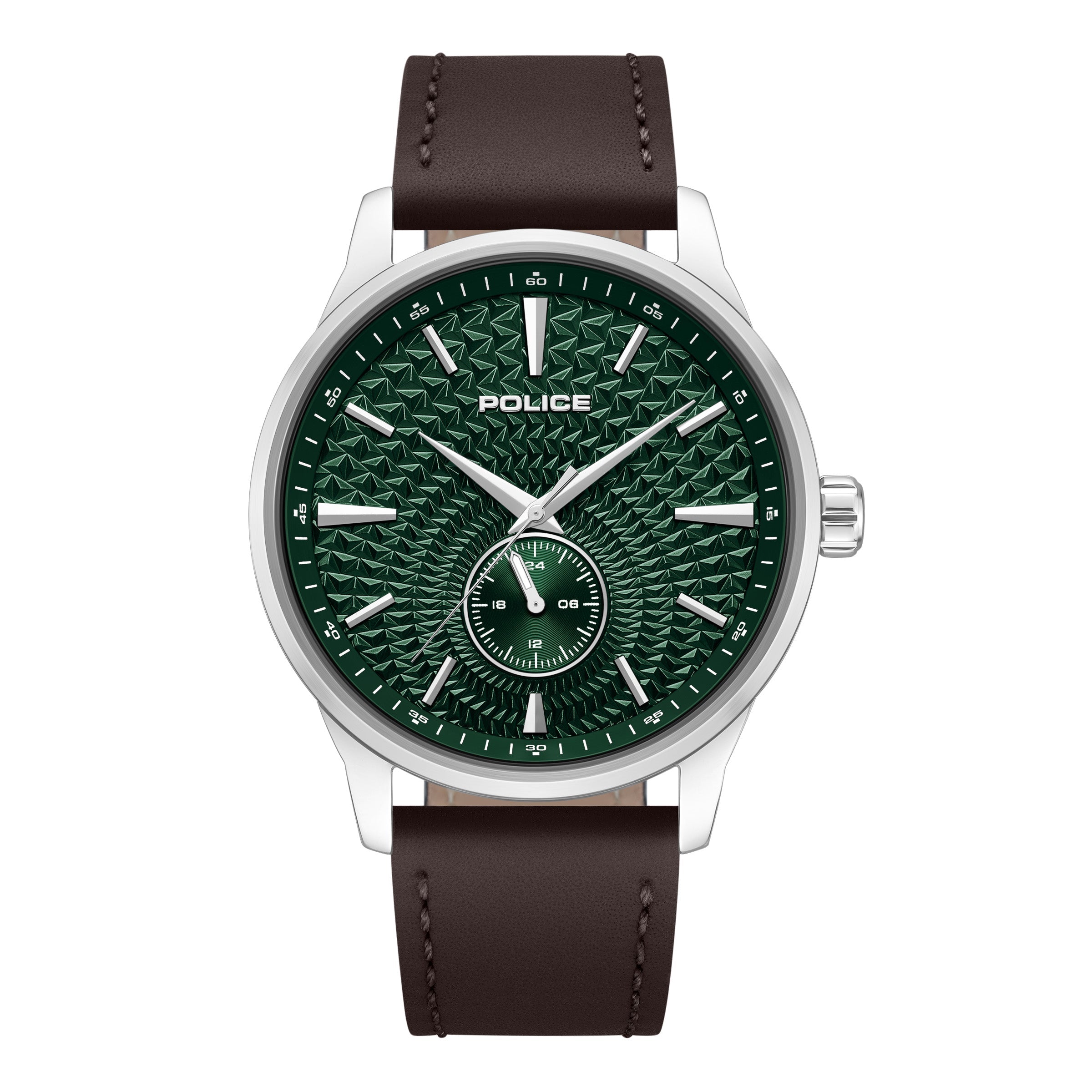 Police men's watch with a silver-toned stainless steel case, green textured dial, and brown leather strap.