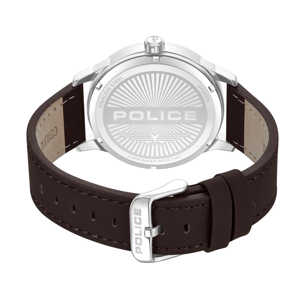 Back view of a watch with a silver-toned stainless steel case back engraved with "POLICE" and a dark brown leather strap with