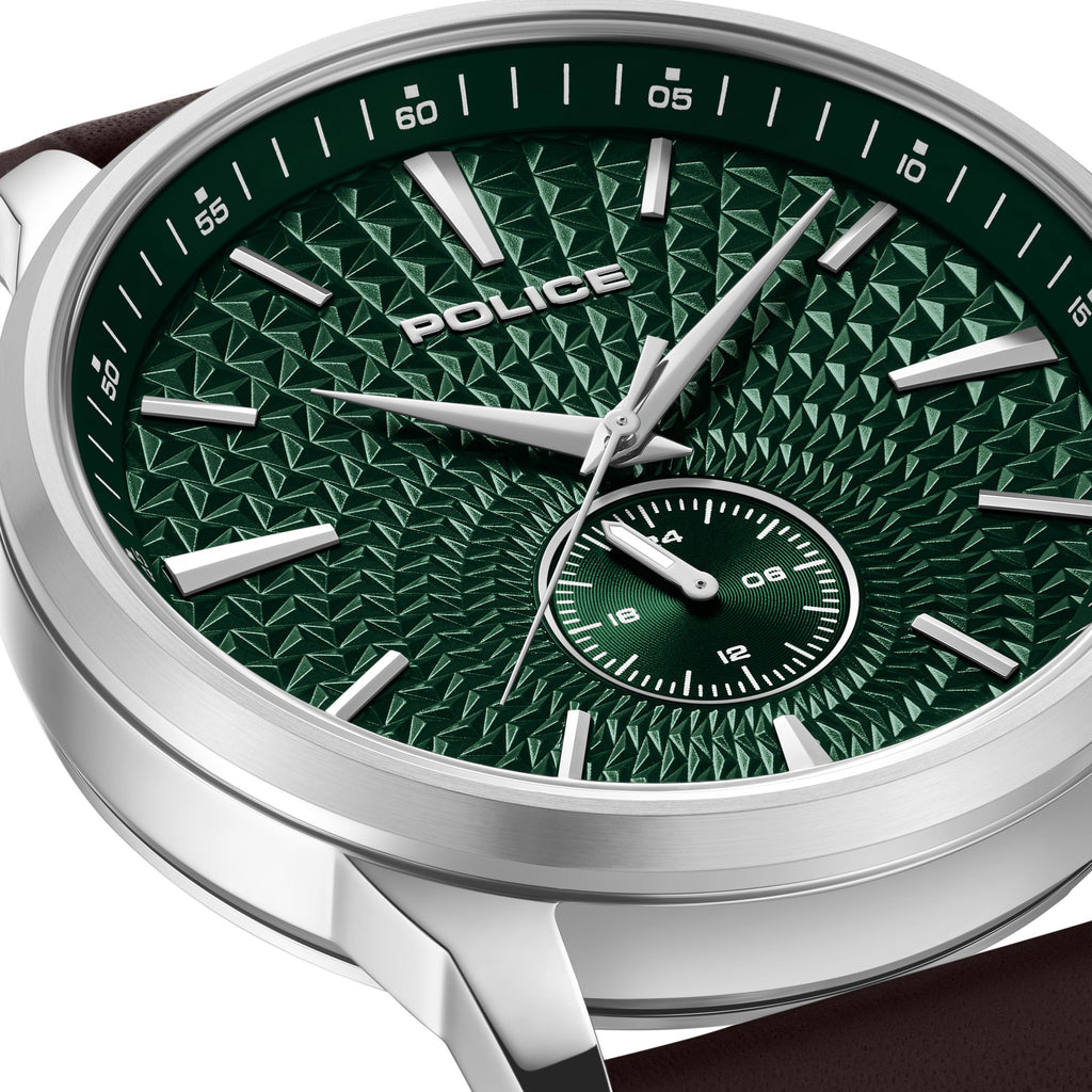 Silver-toned watch with a textured green dial, geometric pattern, silver-toned hands/markers, a green sub-dial, and brown lea
