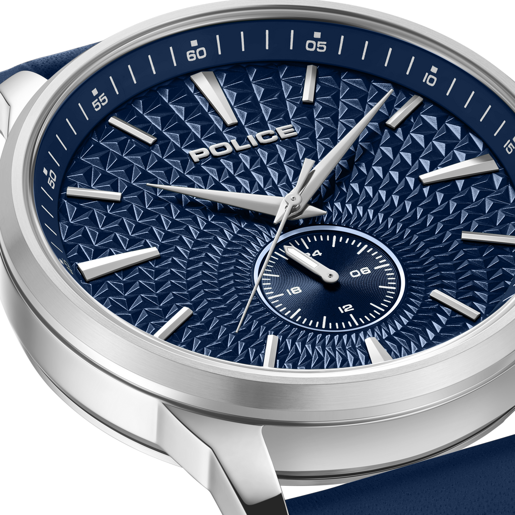 Police Blue Dial Stainless Steel Watch Blue Leather Strap