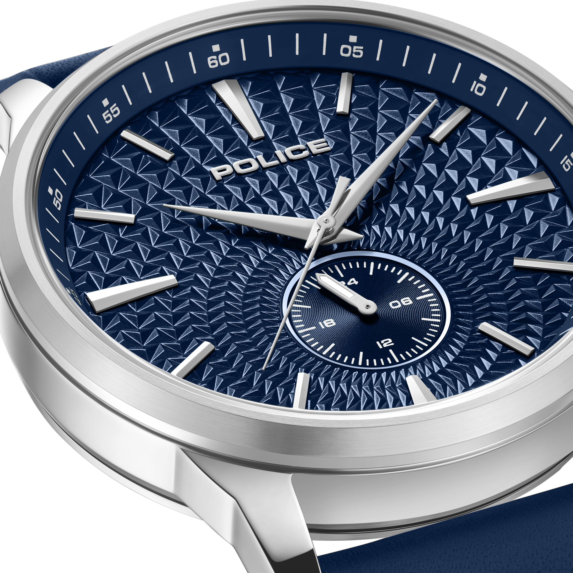 Police Blue Dial Stainless Steel Watch Blue Leather Strap