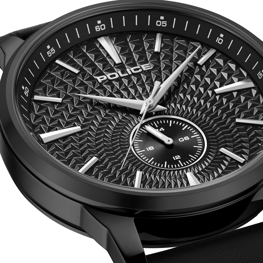 Police Black Dial Gunmetal Stainless Steel Watch Black Leather Strap