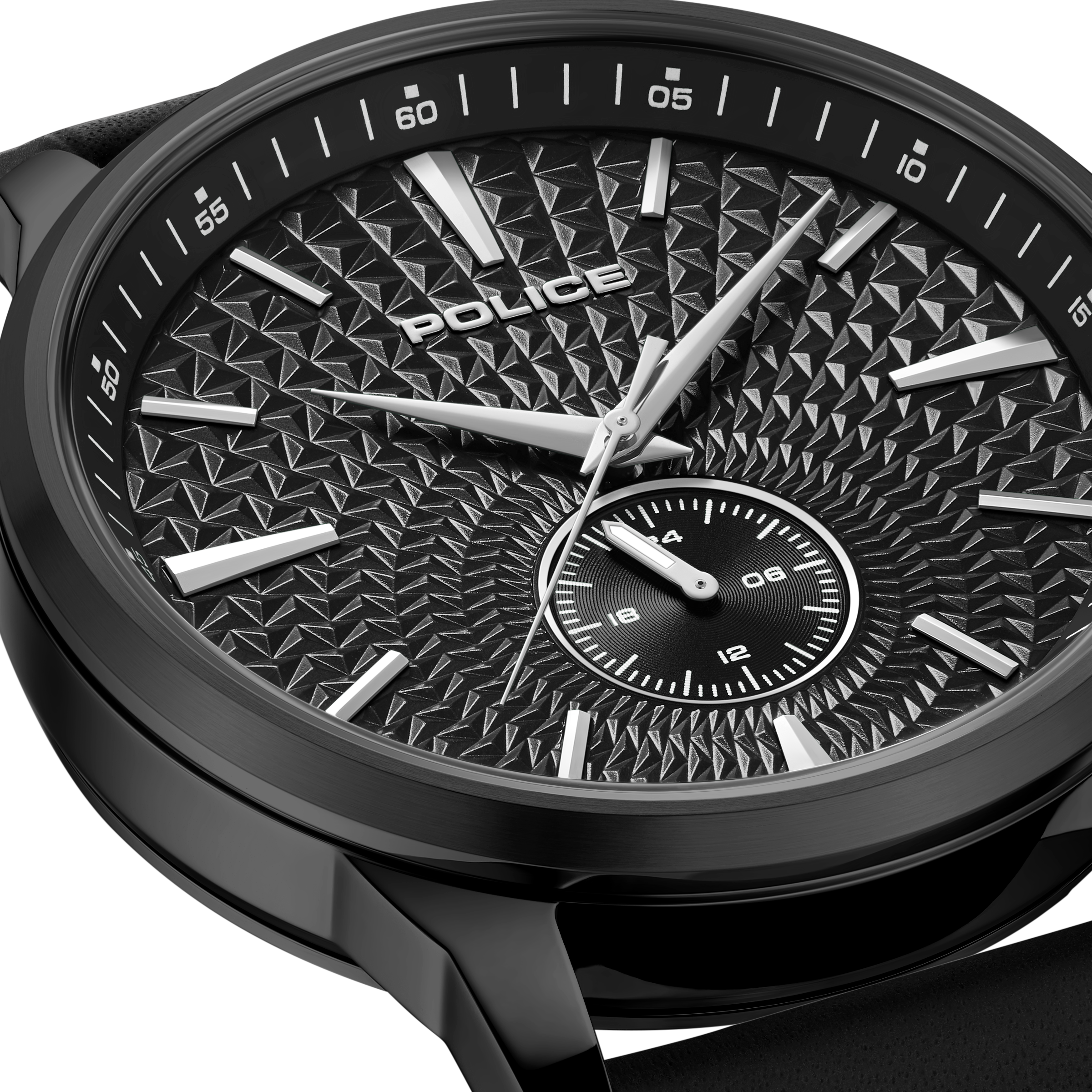 Police Black Dial Gunmetal Stainless Steel Watch Black Leather Strap