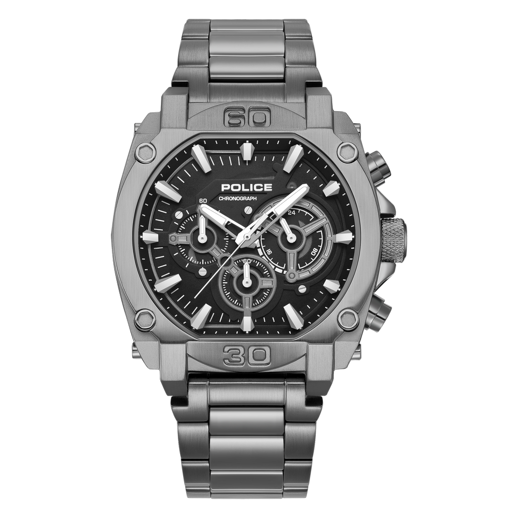 Police men's chronograph watch with a gunmetal grey case and bracelet, and a black dial with white accents.