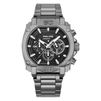 Police men's chronograph watch with a gunmetal grey case and bracelet, and a black dial with white accents.