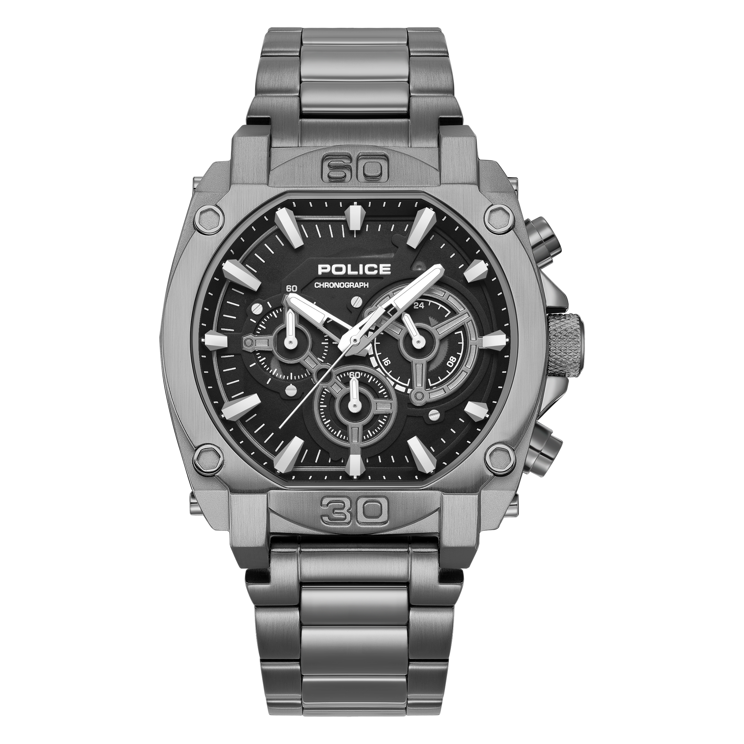 Police men's chronograph watch with a gunmetal grey case and bracelet, and a black dial with white accents.