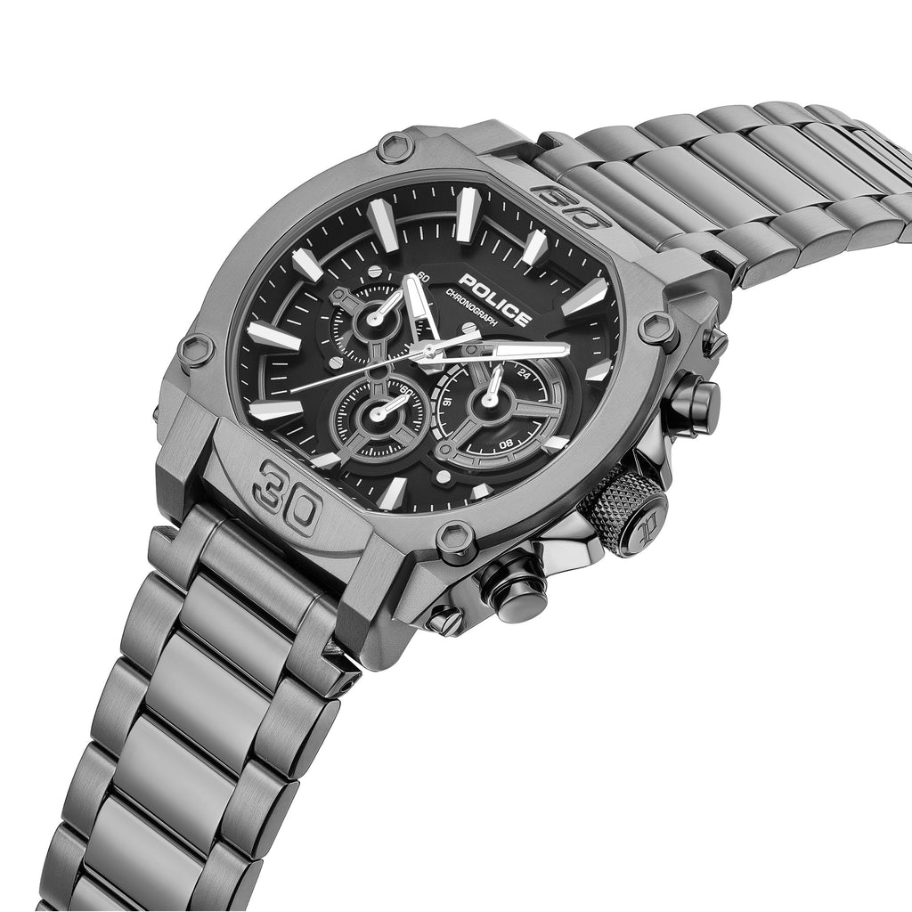 Gunmetal-toned watch with an angular case, black chronograph dial, white markers, and a multi-link metal bracelet.