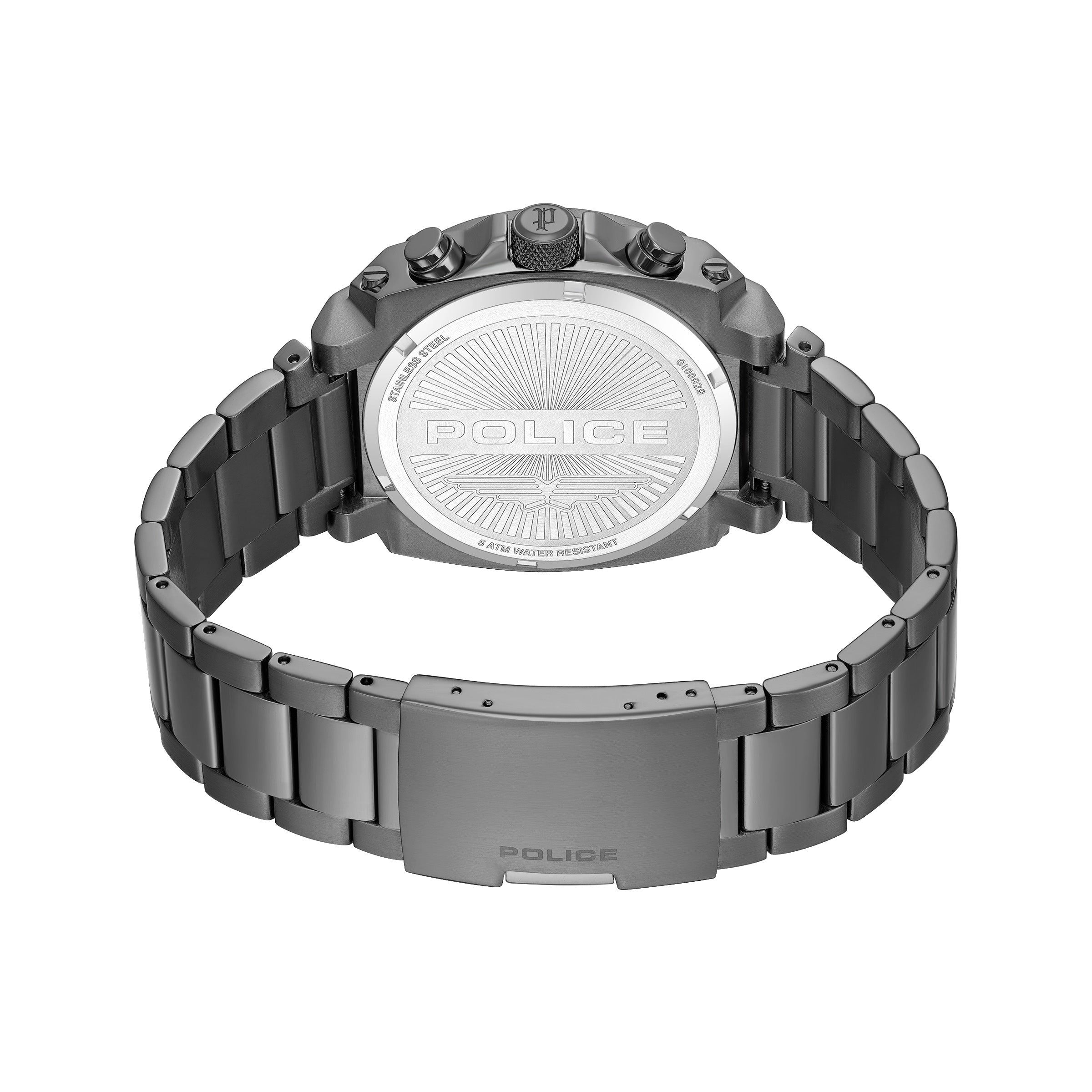 Back view of a gunmetal-toned watch with a link bracelet. The silver-toned case back is engraved with 'POLICE' and 'STAINLESS