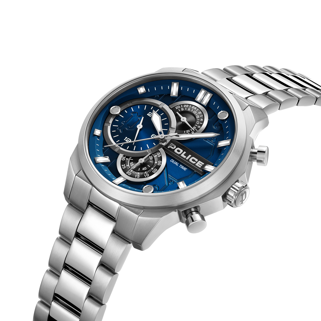 Police Men’s Dual Time Blue Dial Stainless Steel Bracelet Watch
